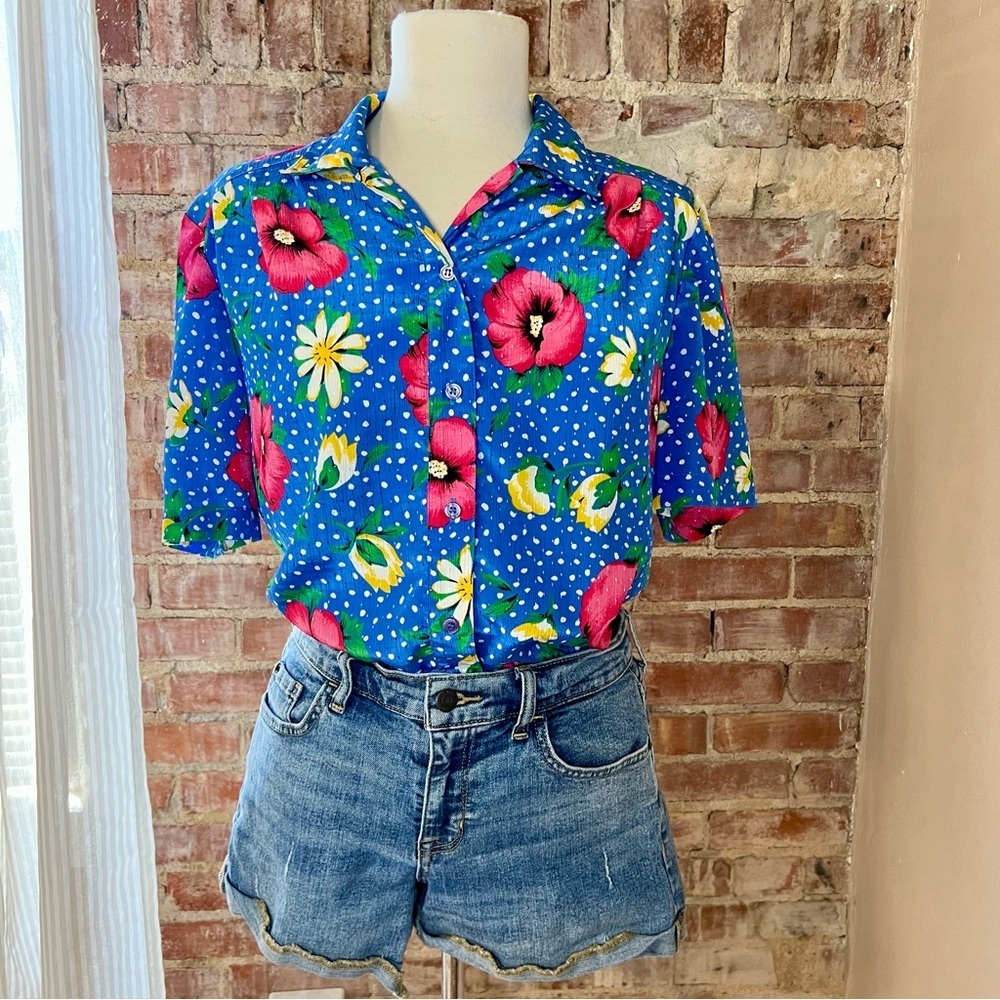Vintage Floral Polka Dot Blue Hawaiian Shirt -Size M -TP04